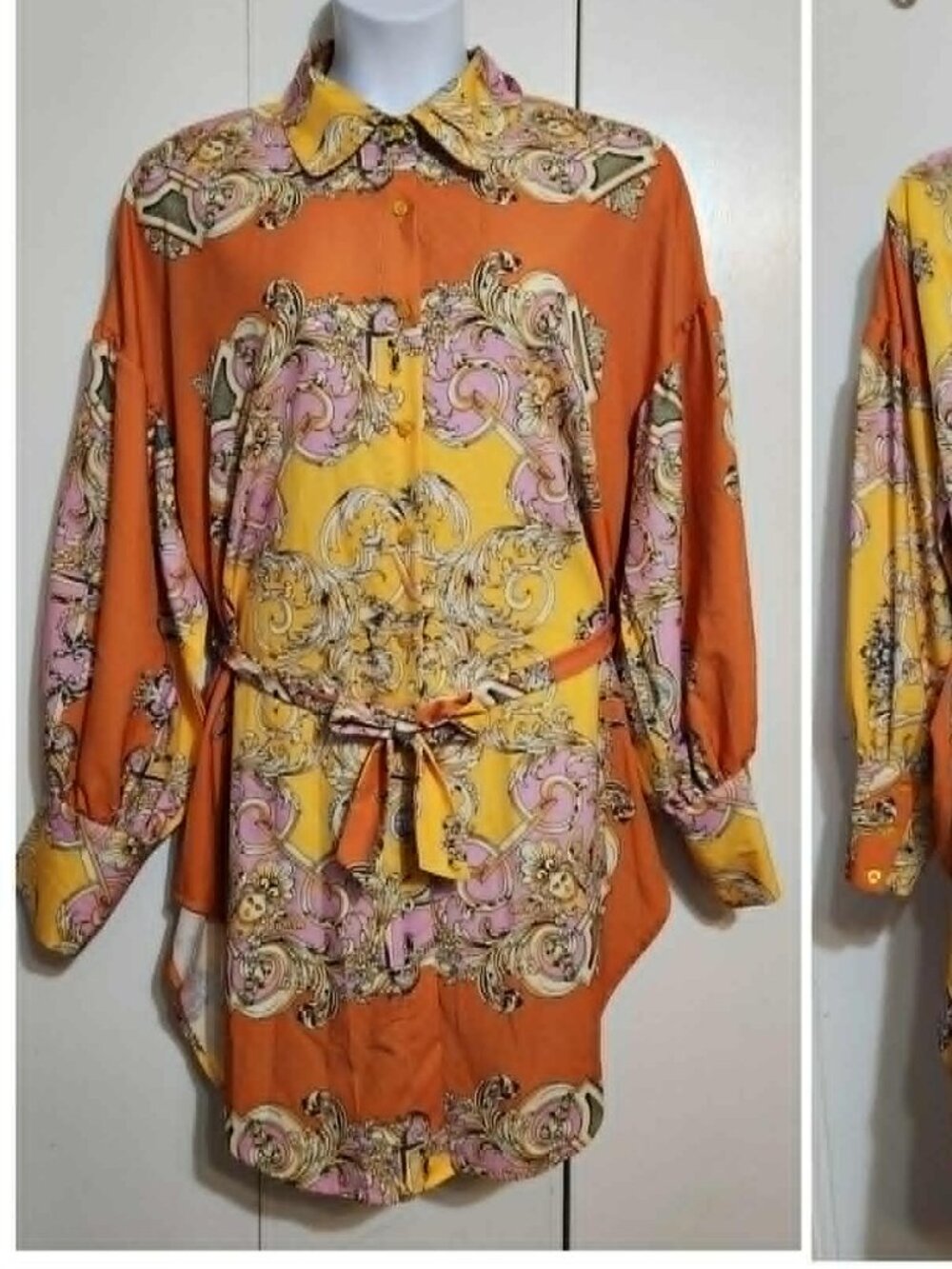 WOWO Fashion Plus Size 3XL Baroque Mythological Statue Print Shirtdress Orange